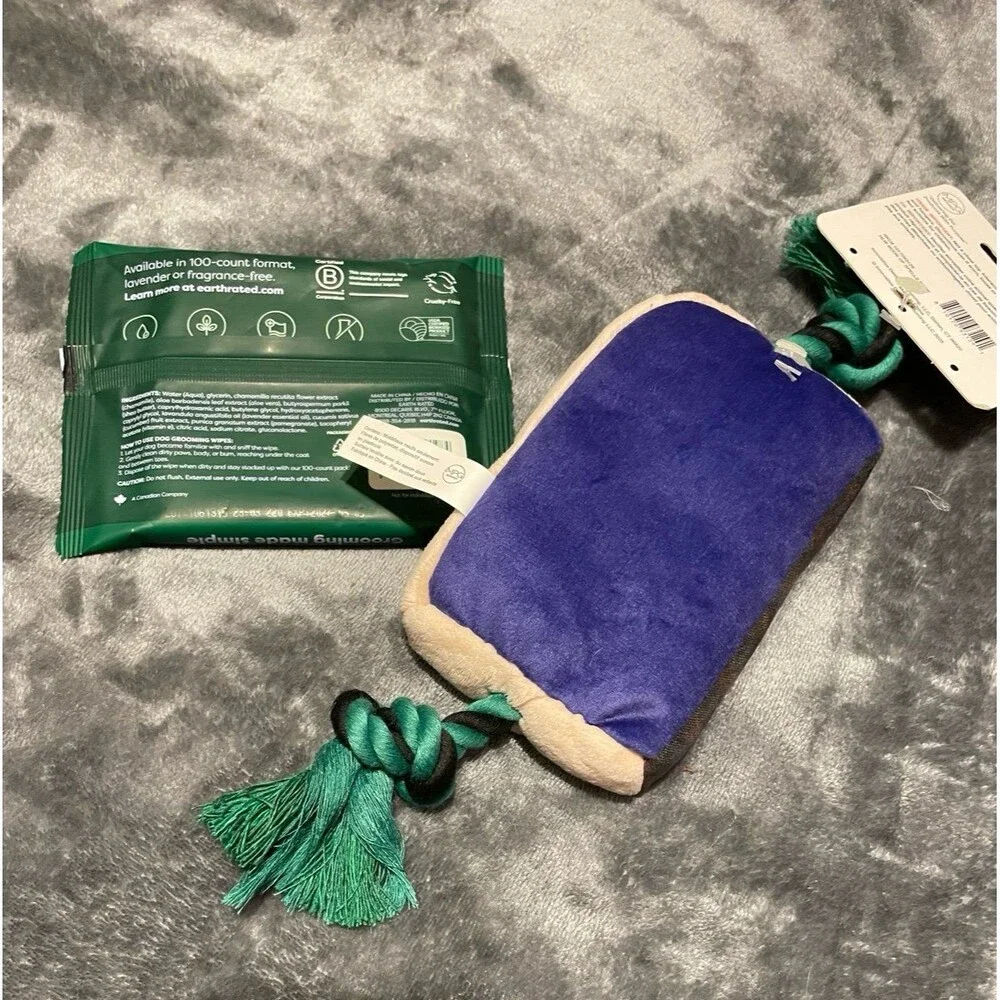 Book of Spells Tarot Card Plush Dog Toy + Lavender Daily Pet Grooming Wipes Lot